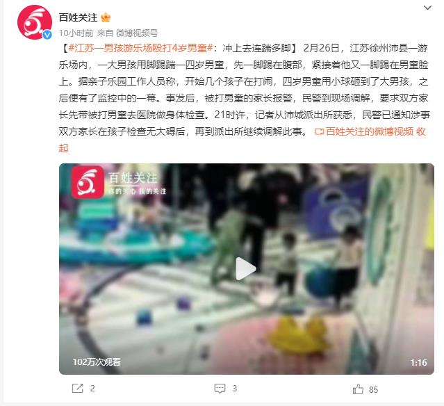 男孩游乐场殴打4岁男童:连踹多脚 网友：太恐怖了